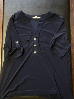 Perception Concept Navy Collared Button-Front Roll-Tab Short Sleeve Blouse